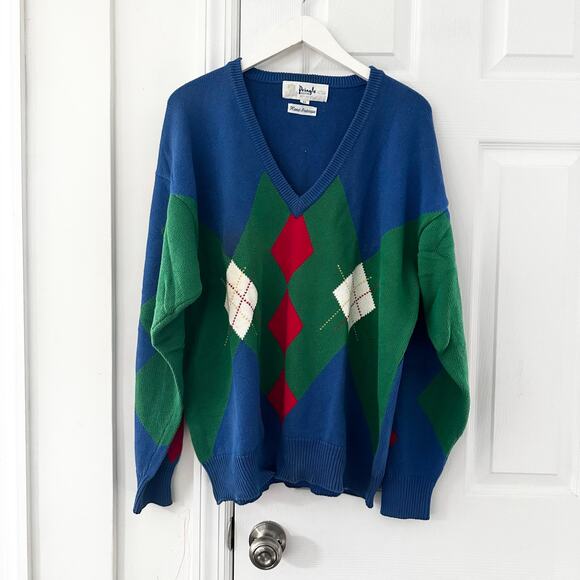 Pringle Scotland Hand Intarsia Cotton Vintage Blue Red Green Argyle Sweater XL